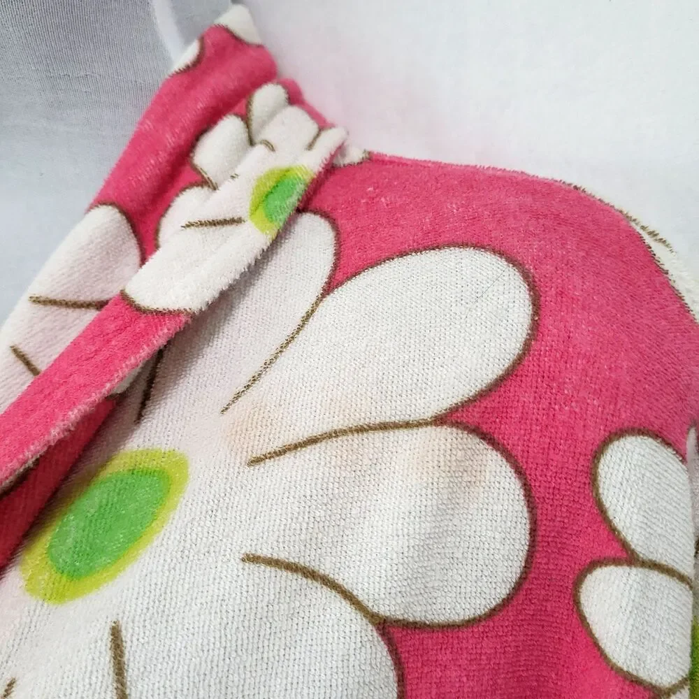 Aegean Apparel Terrycloth robe Pink White Daisy M No belt vtg retro hippie